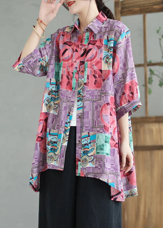 women's tops for those who want to elevate their everyday wear with chic and elegant piecesBoho Purple Print Low High Design Linen Long Shirts Summer