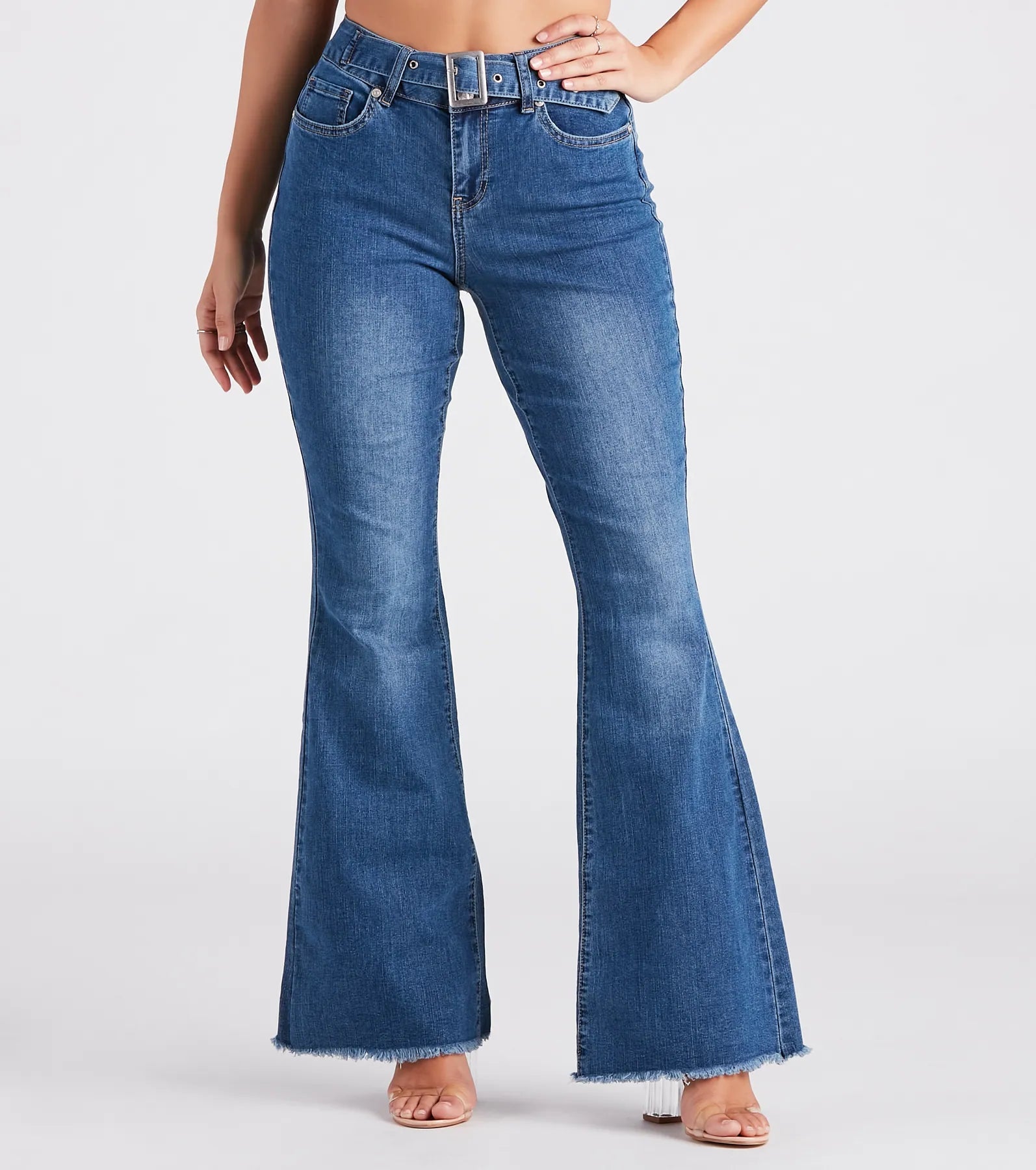 women's stone-washed denim jeansBri Mid Rise Belted Flare Jeans By Windsor Denim