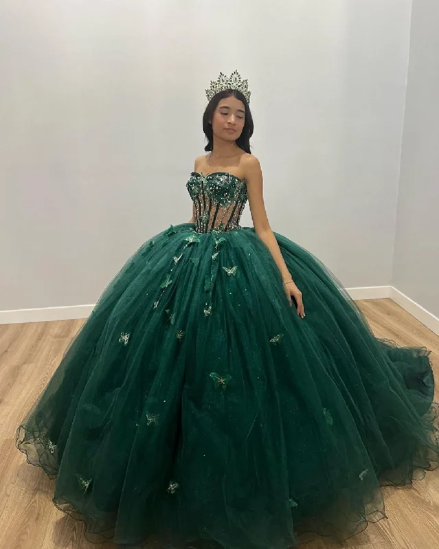 Casual Chic DressGreen Tulle Ball Gown With Butterflies,Sweet 16 Dress, Green Quinceanera Dress Y2344