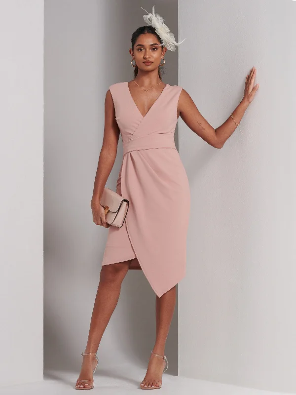 Designer DressKiana Wrap Ruched Bodycon Dress, Dusty Pink