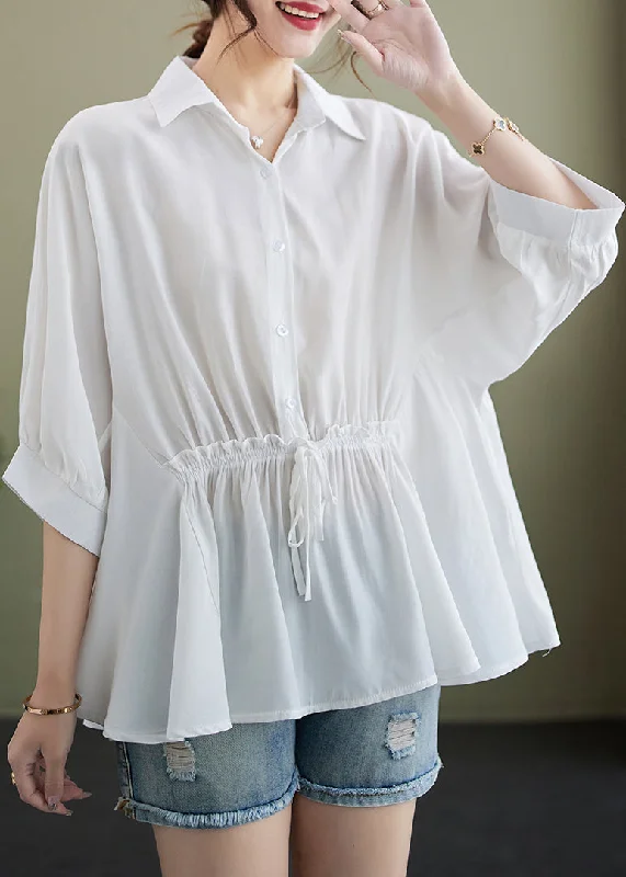 women's tops with built-in brasBoutique White Ruffled Cinched Cotton Blouse Top Summer