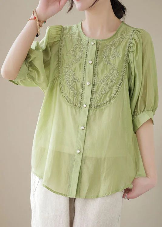 women's tops for those who want to stay warm and stylish during colder weatherStylish Green Embroideried Wrinkled Patchwork Cotton Shirts Summer