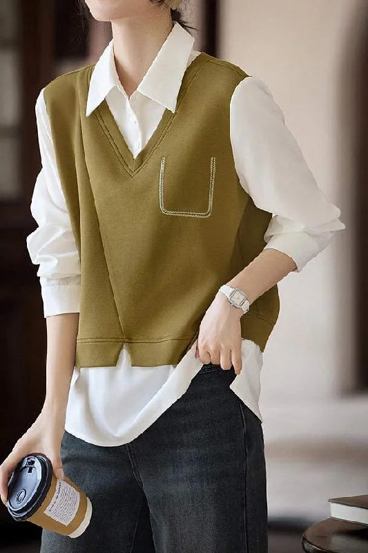 women's tops for those who want to stay cool and chic during warmer weatherColor Block Spliced Faux Layered Vest Shirt