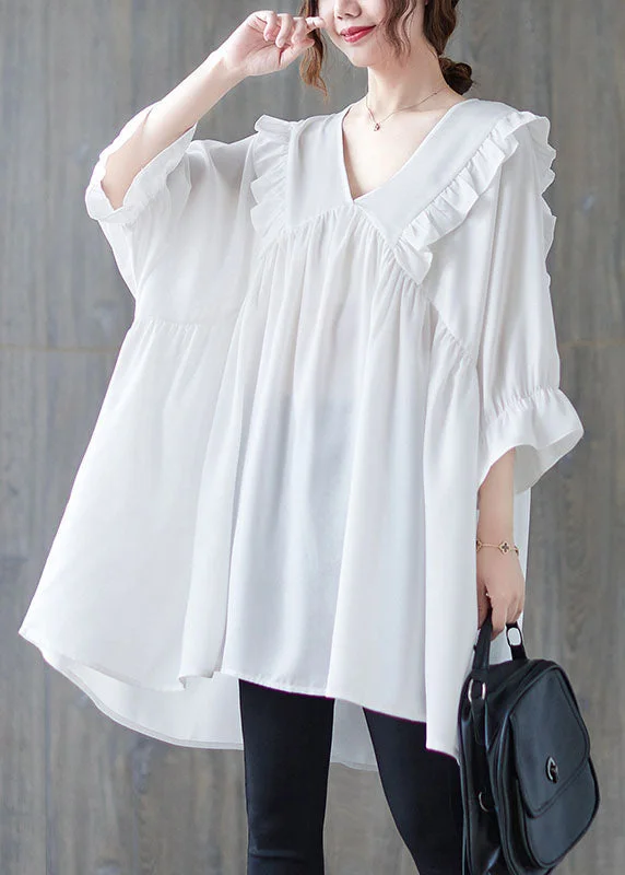 women's tops for those who want to wear pieces that are both comfortable and stylishWhite Patchwork Cotton Shirt Top Loose Ruffled V Neck Summer