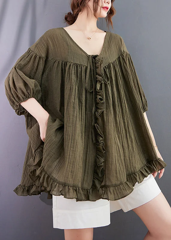 women's tops for those who value both quality and affordabilityGreen Loose Cotton Shirt Tops V Neck Ruffled Lantern Sleeve