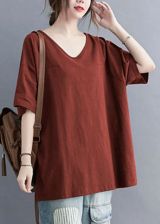 women's tops in solid colorsRust Patchwork Cotton T Shirt Tops V Neck Short Sleeve