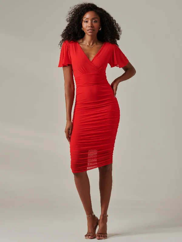 women's mini dressesPlain Angel Sleeve Ruched Bodycon Dress, Red