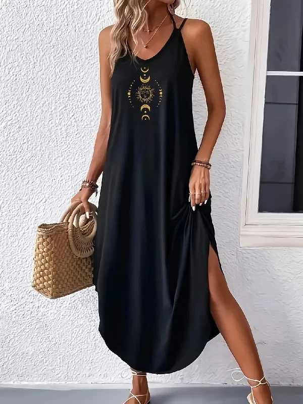 women's solid color dressesIKEARLAX Curvy Hem Cami Dress - Sleek Sleeveless Design, Delicate Spaghetti Strap Detailing, Comfortable Loose Fit for a Relaxed Silhouette, Flowing Maxi Dress Style - Exclusively Designed for Women, Unique Moon Print Pattern, Womens Clothing