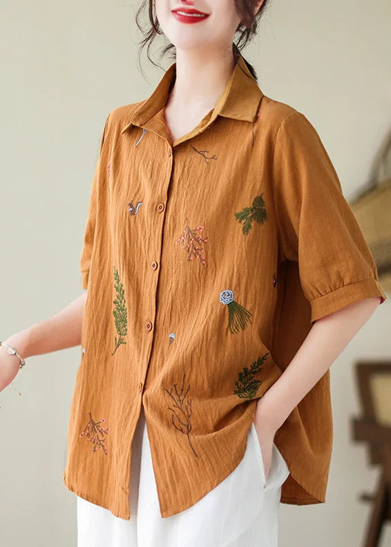 women's tops for those who want to elevate their everyday wear with chic and elegant piecesPlus Size Yellow Embroideried Cotton Blouse Top Summer