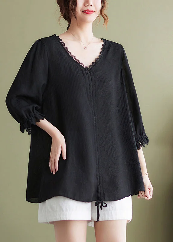 plus-size women's topsHandmade Black V Neck Patchwork Cotton Tops Half Sleeve