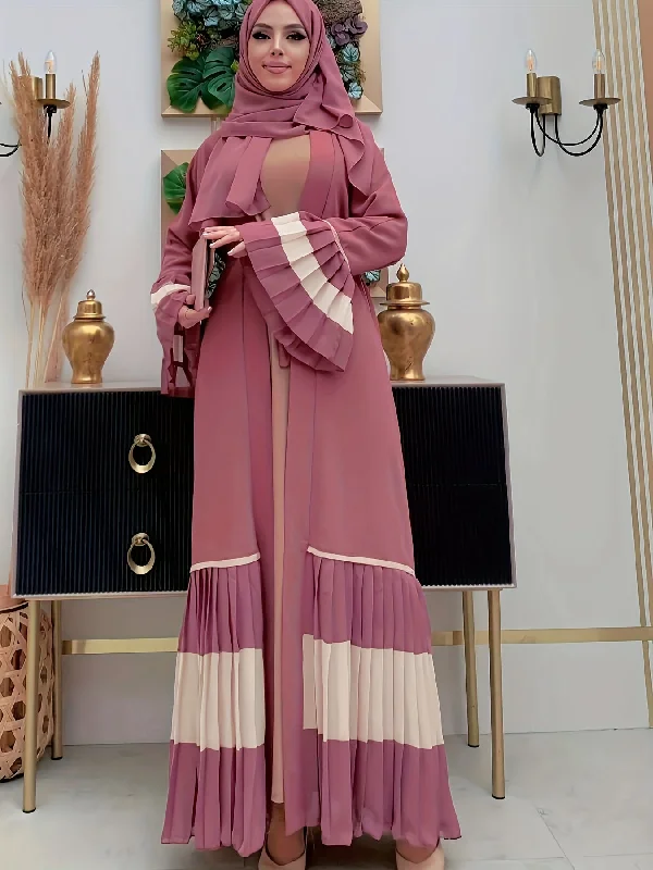 women's trendy dressesElegant Long Sleeve Maxi Abaya Dress - Soft Polyester Fabric, Micro Elasticity, Machine Washable, Solid Color, Spring/Summer/Fall Wear, Frill Details - Womens Elegant Clothing for Special Occasions