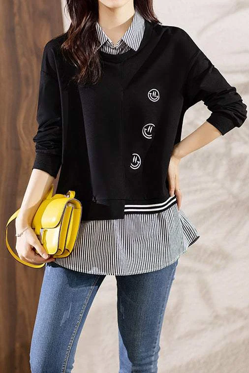 women's tops for those who want to make a fashion statementStriped Patchwork Faux-Layer Sweatshirt