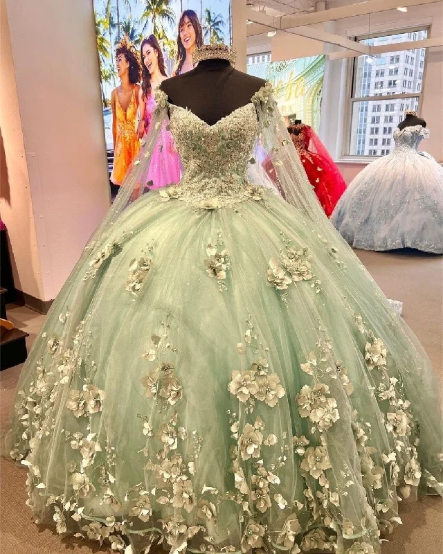 women's vintage dressesMint Green Tulle Ball Gown with 3D Flowers,Sweet 16 Dress,Princess Dress,Quinceanera Dress   Y2252