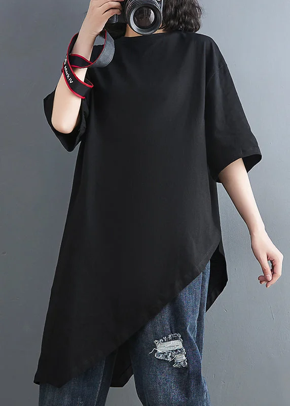 cozy women's tops for fall and winterStylish Black Oversized Asymmetrical Design Cotton Shirt Tops Summer