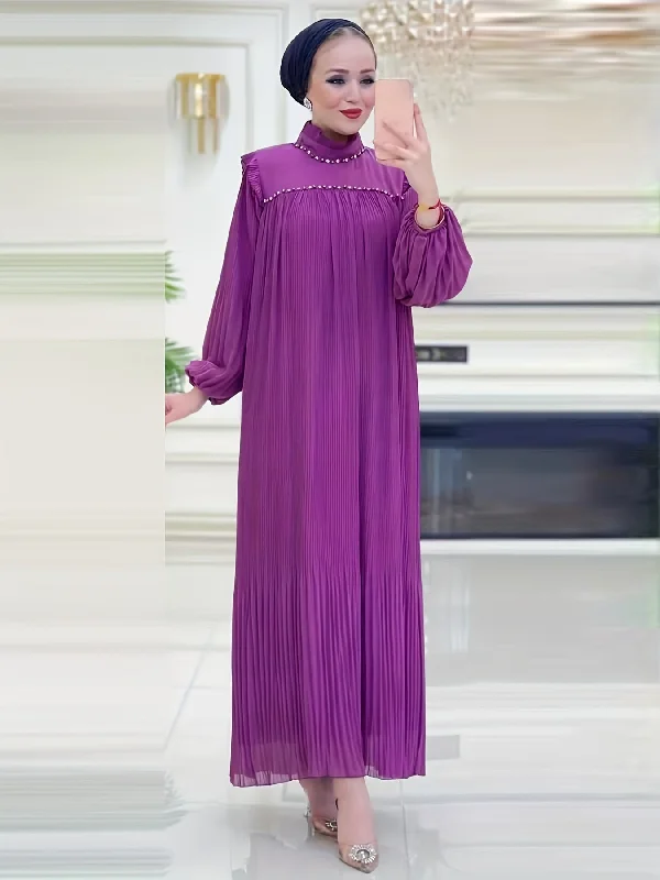 Party DressSparkling Ramadan Elegance - Rhinestoned Pleated Mock Neck Maxi Dress with Adjustable Tie Waist and Lantern Sleeves - A Modest, Timeless Choice for Women