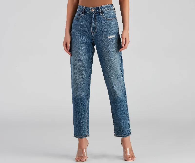 women's denim jeans with distressed thighsHigh-Rise Classic Straight-Leg Jeans