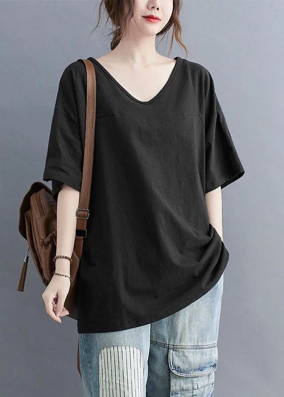 women's tops for those who want to add a bit of flair and personality to their looksCasual Black V Neck Patchwork Cotton T Shirt Tops Summer