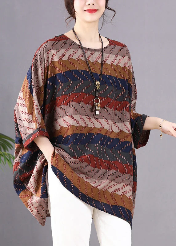 women's tops with sleeveless designsKhaki Print Linen Shirt O-Neck Oversized Batwing Sleeve