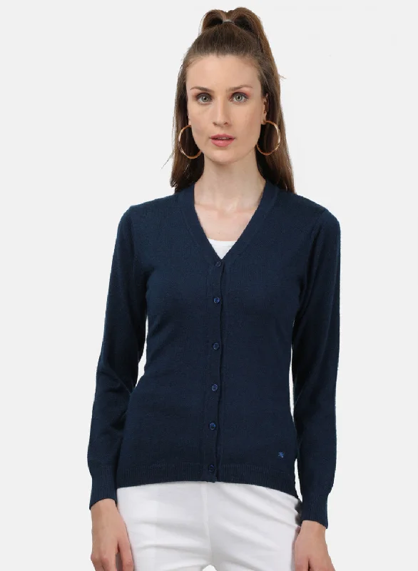 Flannel-Lined SweatersWomen NAvy Blue Solid Cardigan