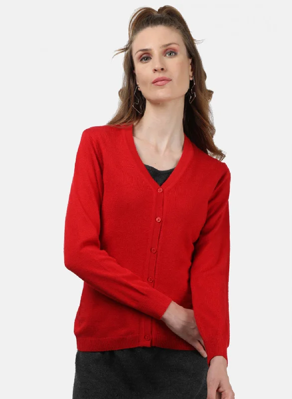 Oversized Cardigan SweatersWomen Red Solid Cardigan