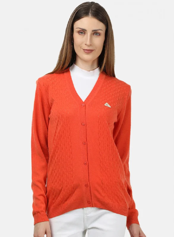 Soft SweatersWomen Orange Self Design Cardigan