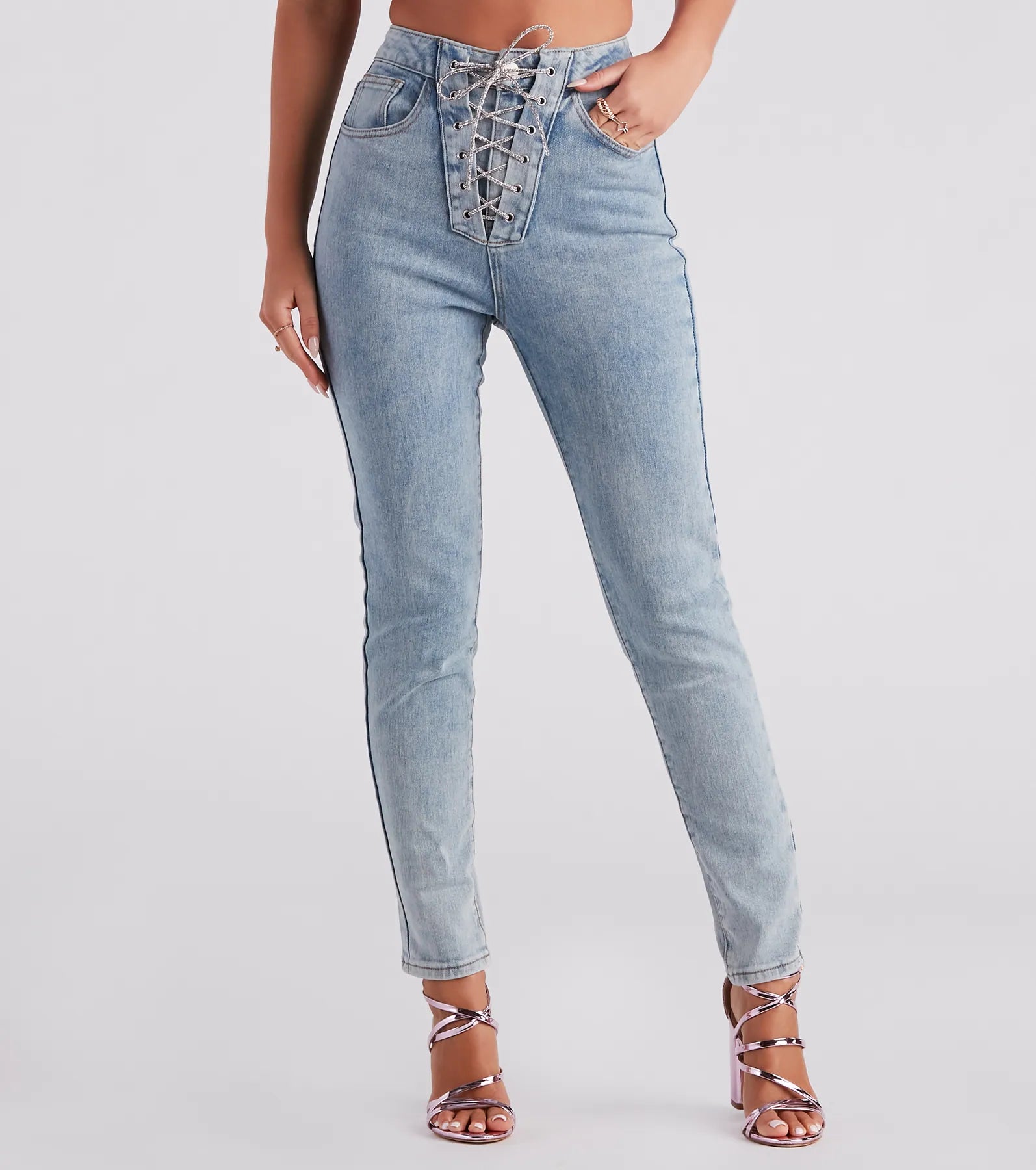 women's denim jeans for a trendy vibeGlam Trendsetter Rhinestone Lace-up Skinny Jeans