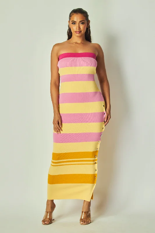 women's bow dressesBrandi Multicolor Stripe Strapless Maxi Tube Dress