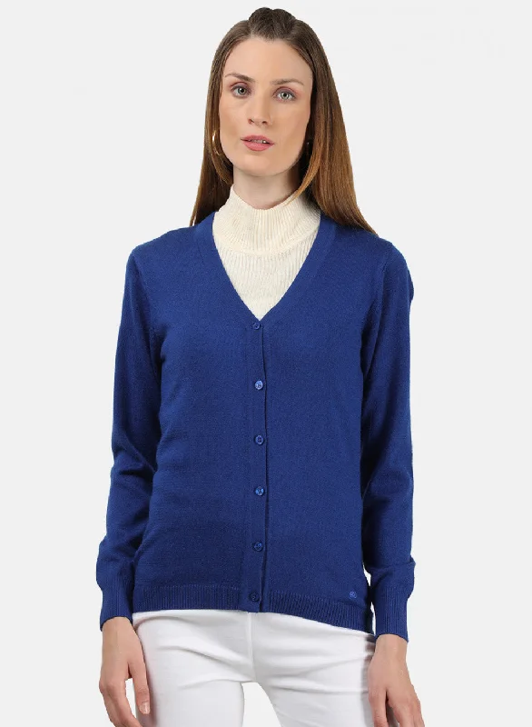 Knitted Crewneck SweatersWomen Royal Blue Solid Cardigan