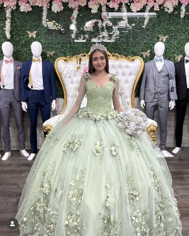 women's satin dressesCharming Sage Green Ball Gown,Sweet 16 Dress,3D Flowers Princess Dress Y2321