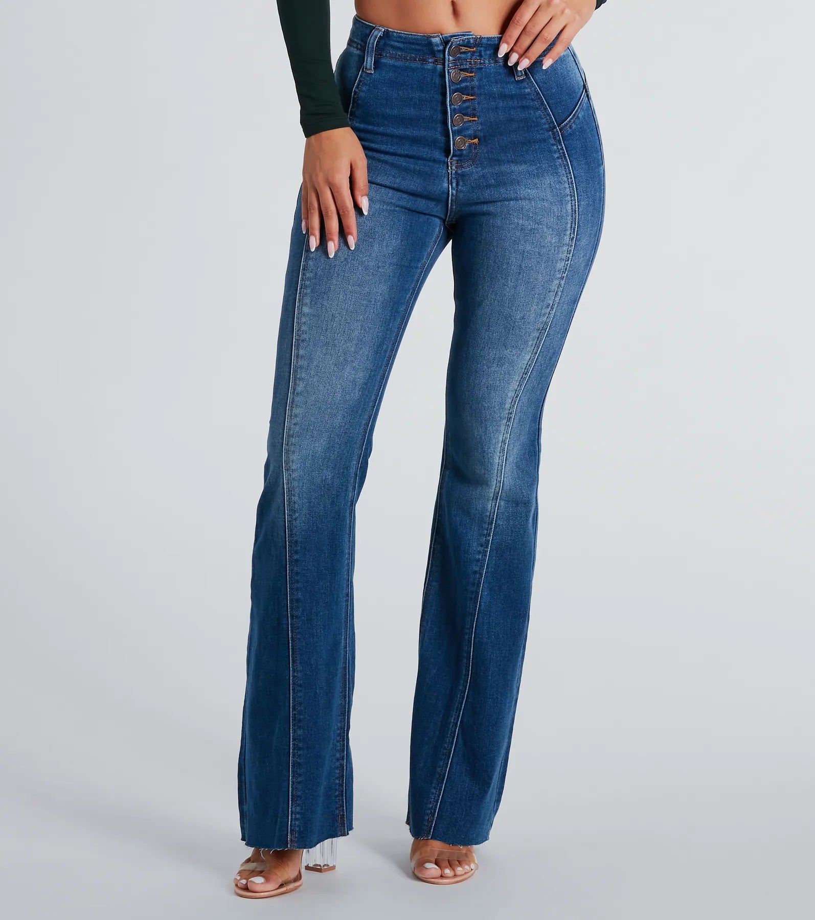 women's slim-fit denim jeansAll Buttoned Up High-Rise Flare Denim Jeans