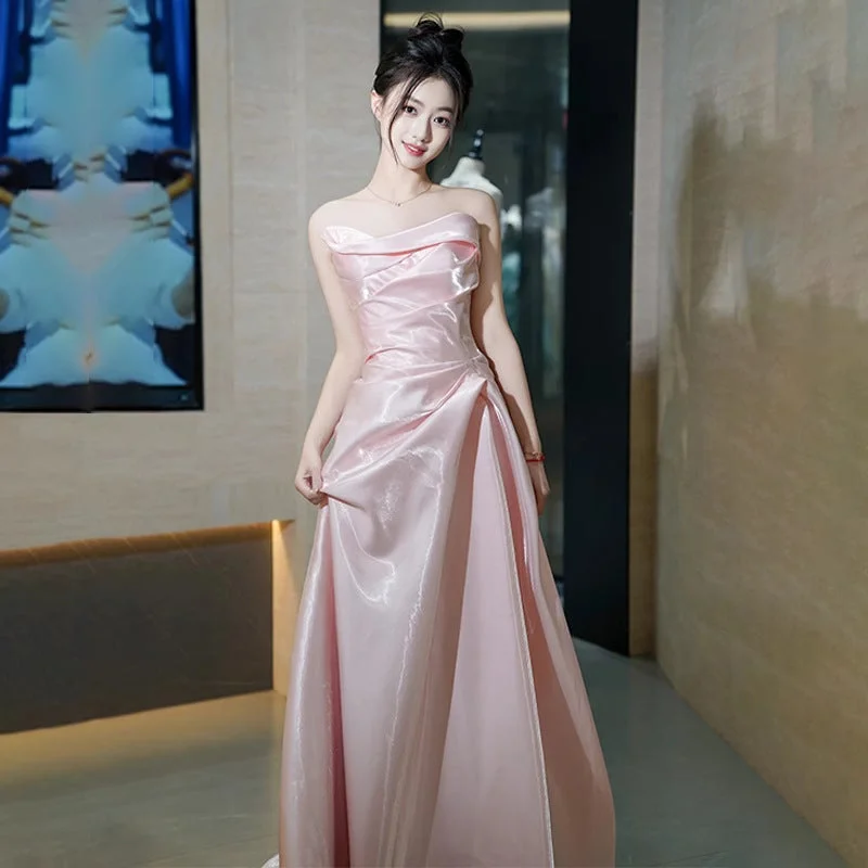 women's boho dressesIKEARLAX  Satin Tube Top Evening Dress  New Style Pink Birthday Banquet Bride Toast Dress Wedding Morning Gowns Wholesale