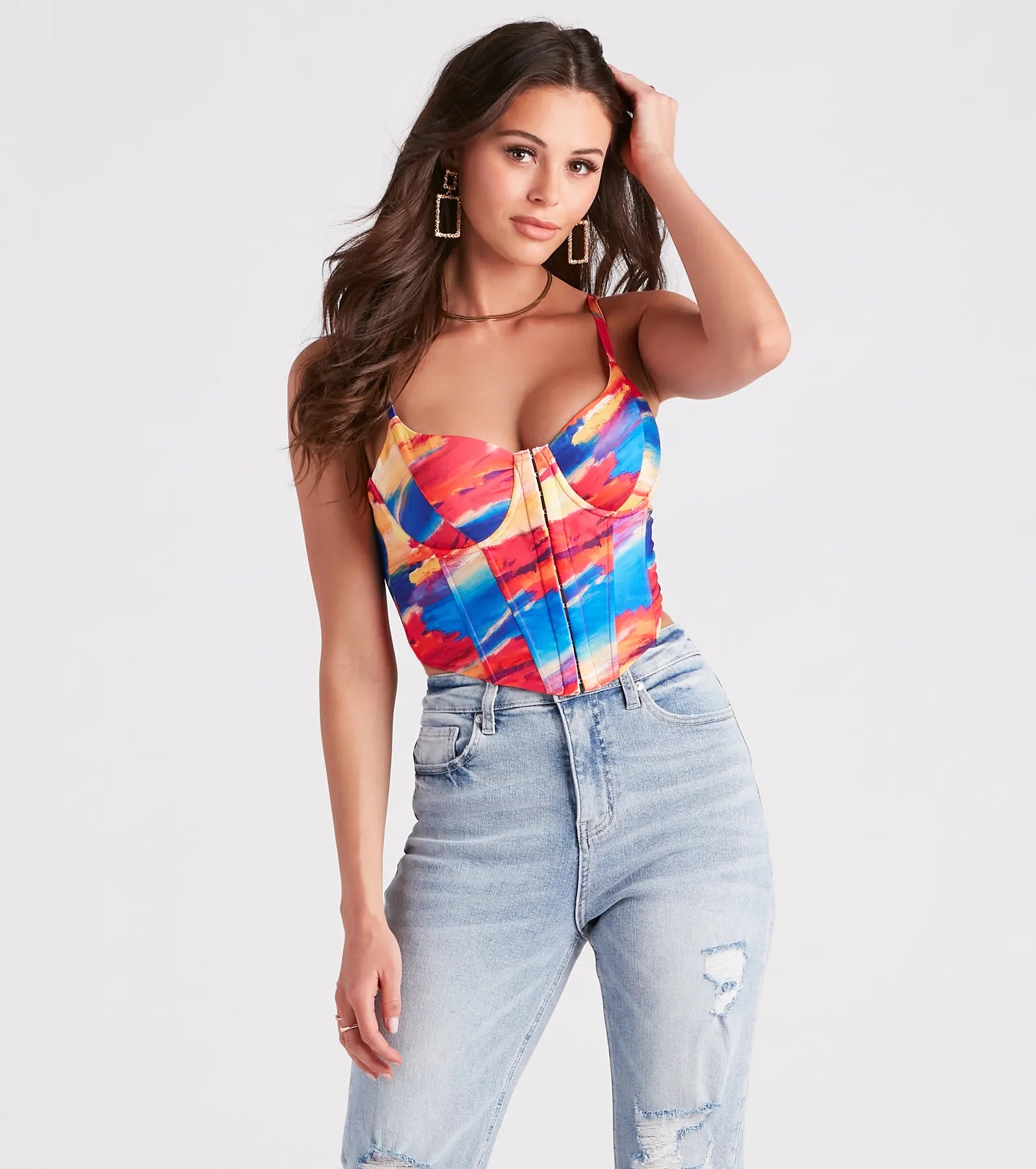 women's tops for cocktail partiesAbstract Allure Watercolor Print Corset Top