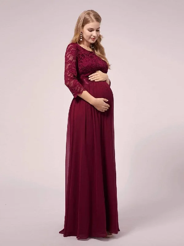 Elegant Lace Splicing Chiffon Maternity Dress with 3/4 Sleeves