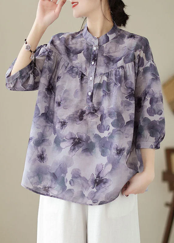 elegant women's topsVintage Purple Stand Collar Print Patchwork Cotton Shirt Tops Summer