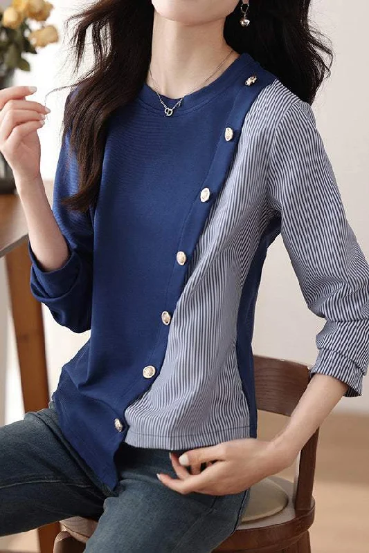 silk women's topsRound Neck Diagonal Button Decor Striped Contrast Sweatshirt