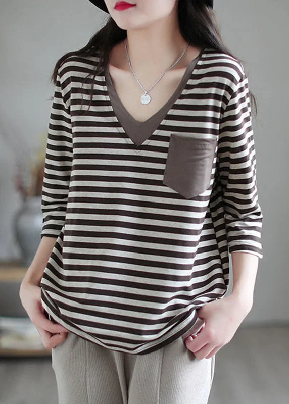 women's tops for casual FridaysStylish Khaki V Neck Striped Cotton Top Bracelet Sleeve