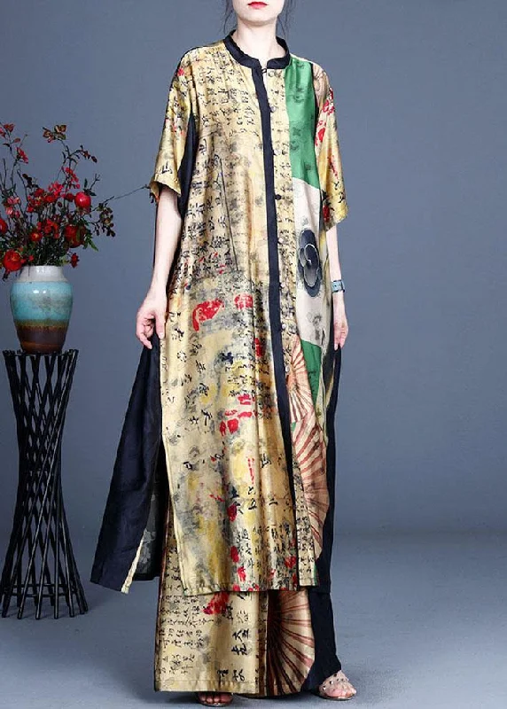 women's tops for those who love to dress up their casual looks with stylish topsStylish Yellow Asymmetrical Design retro Print Summer long shirts Two Pieces Set