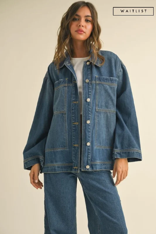 Waitlist 2/20 ♥ Kimber Long Sleeve Side Tie Oversized Denim Jacket Dark Wash