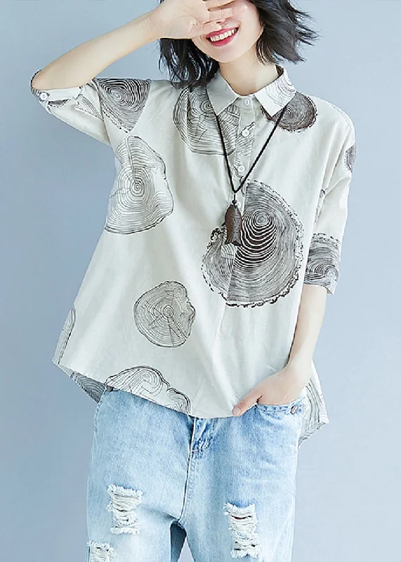 women's tops with bell sleevesVintage White Peter Pan Collar Print Cotton Top Half Sleeve