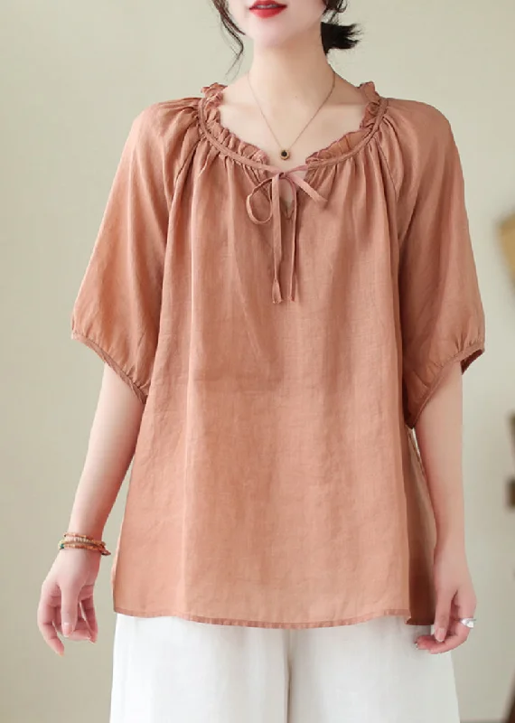 women's tops that offer a perfect blend of style, comfort, and affordabilityPink Orange Linen Shirt Top Ruffled Lace Up Summer