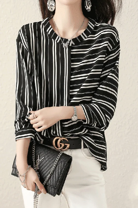 women's tops for those who want to add a touch of elegance and sophistication to their everyday wearBand Collar Asymmetrical Striped Shirt