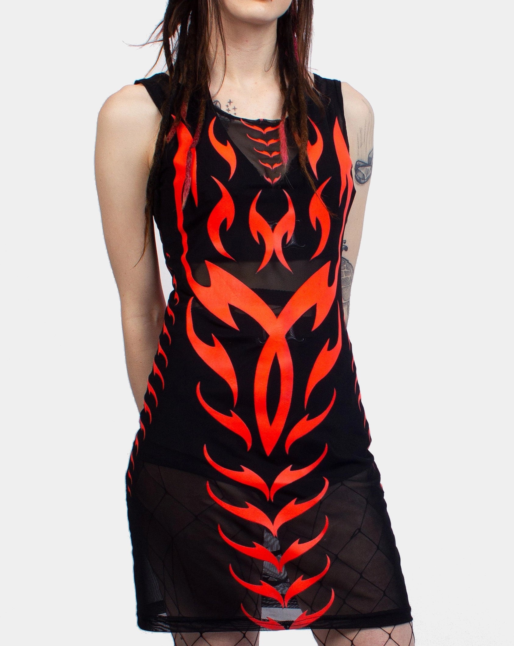 women's apple-shaped body dressesBODYCON MESH DRESS TRIBAL PHOENIX BLACK / RED