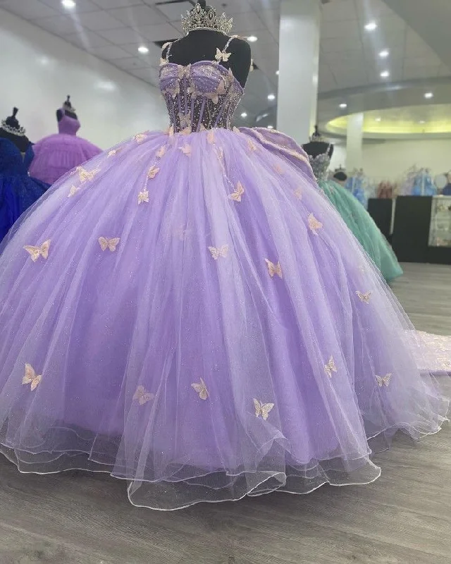 women's tall dressesPurple Tulle Ball Gown With Butterflies,Sweet 16 Dress,Purple Princess Dress Y2270