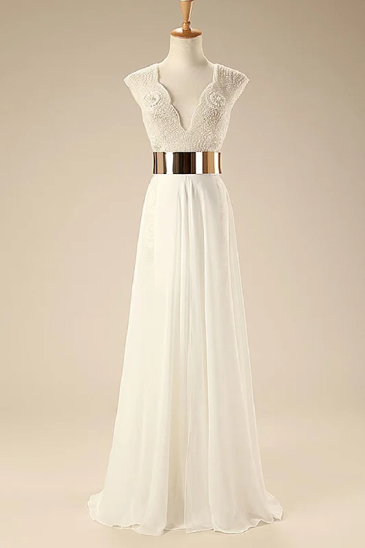 women's made-to-order dressesDeep V Neck Cap Sleeves White Chiffon Gold Belt Summer Beach Wedding Dresses WD0106