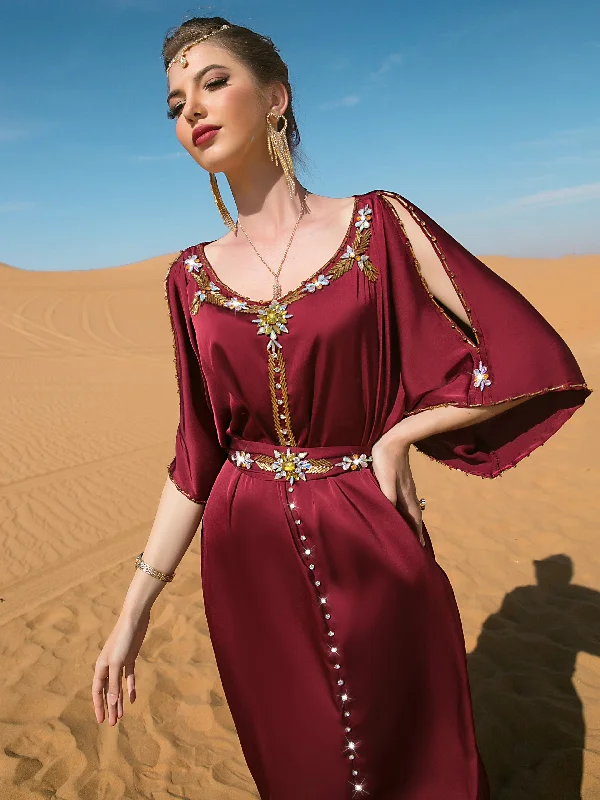 Short-Sleeve DressGlittering Rhinestoned Ramadan Abayas - Crew Neck Belted Maxi Dress with Split Cut Out Flare Sleeves - Perfect for Elegant Party Wear