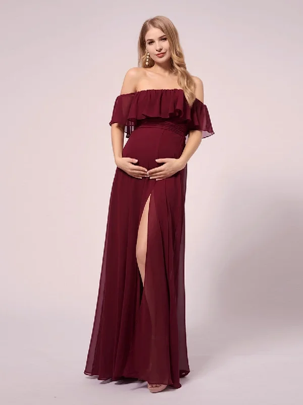 Women's Off Shoulder Ruffle Thigh Split Maternity Dresses