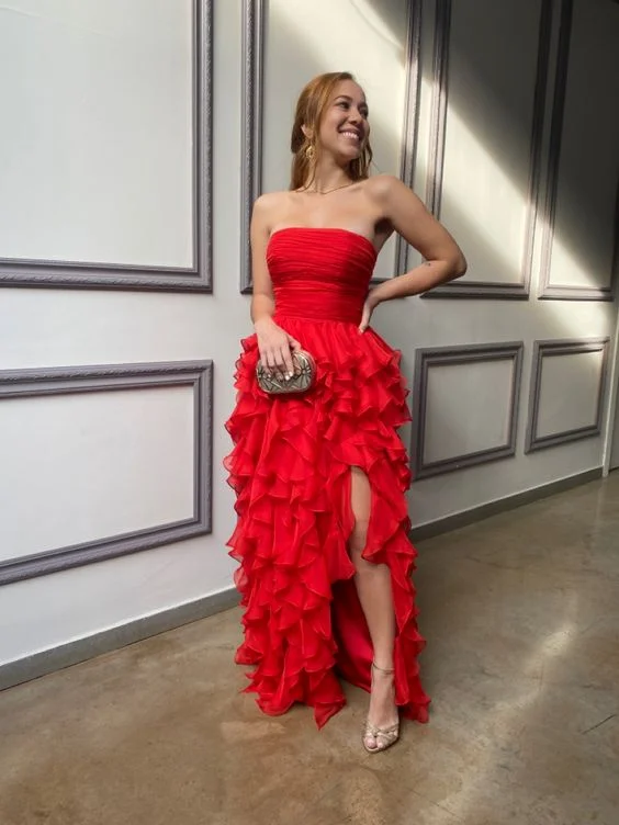 Ruffled Hem DressRed Strapless Long Prom Dress with Ruffles,Red Evening Dress  Y2367