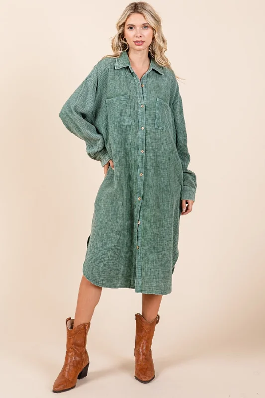 women's ruffle dressesMittoshop Mineral Wash Cotton Gauze Midi Shirt Dress