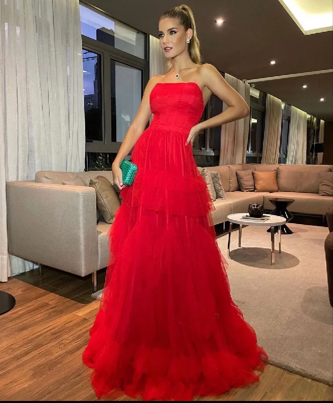 Petite DressRed Strapless Tulle Prom Dress,Red Long Evening Dress Y2354