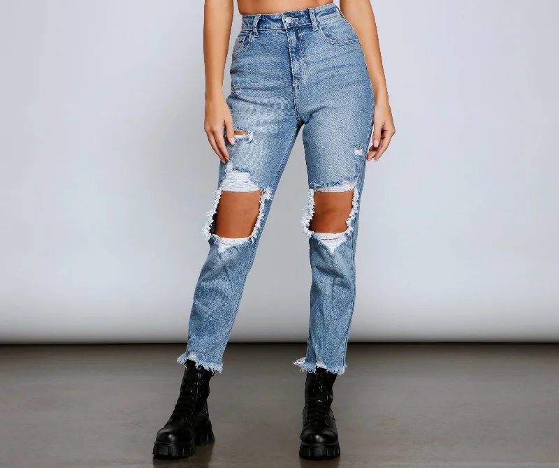 women's low-rise denim jeansRebel Chic High Rise Destructed Mom Jeans